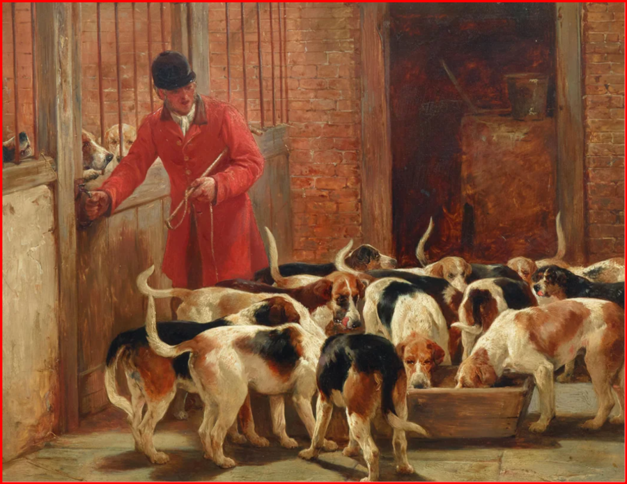 /La pâtée de la meute de chiens de chasse au 19ème siècle par John Sargent Noble 1849-1896 - Beagles 900 x 695.png